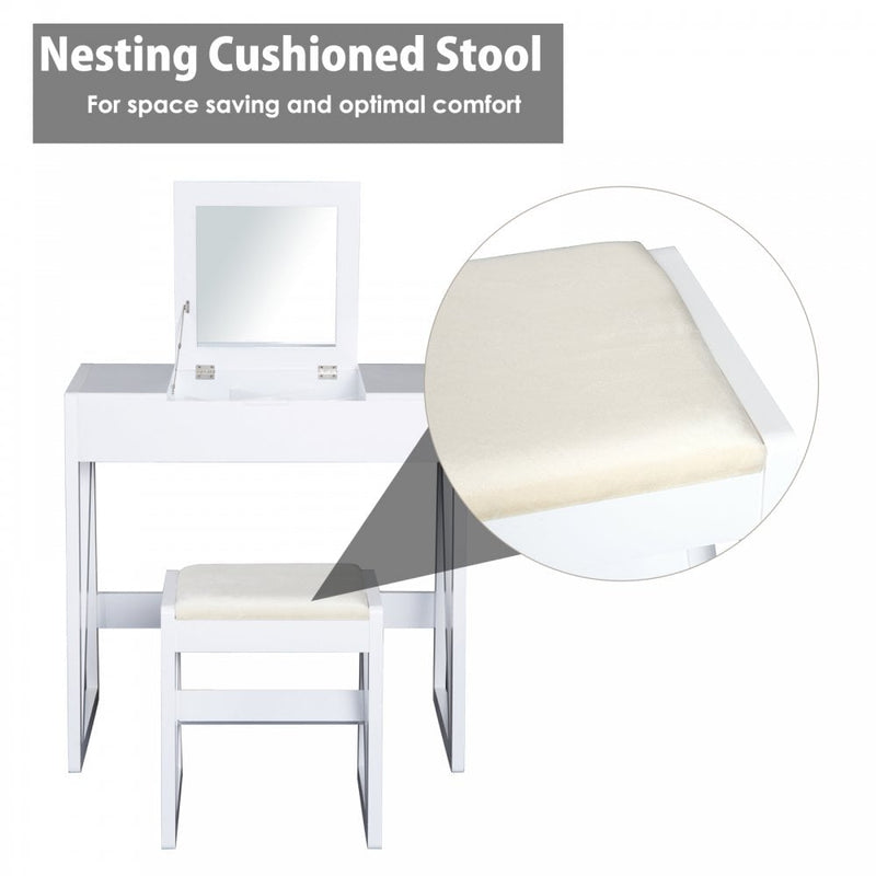 Dressing Table with Cushioned Stool, MDF, Pine-White