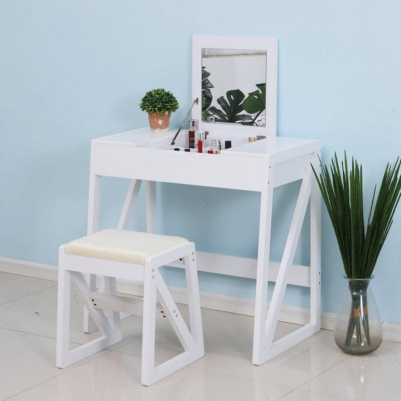 Dressing Table with Cushioned Stool, MDF, Pine-White