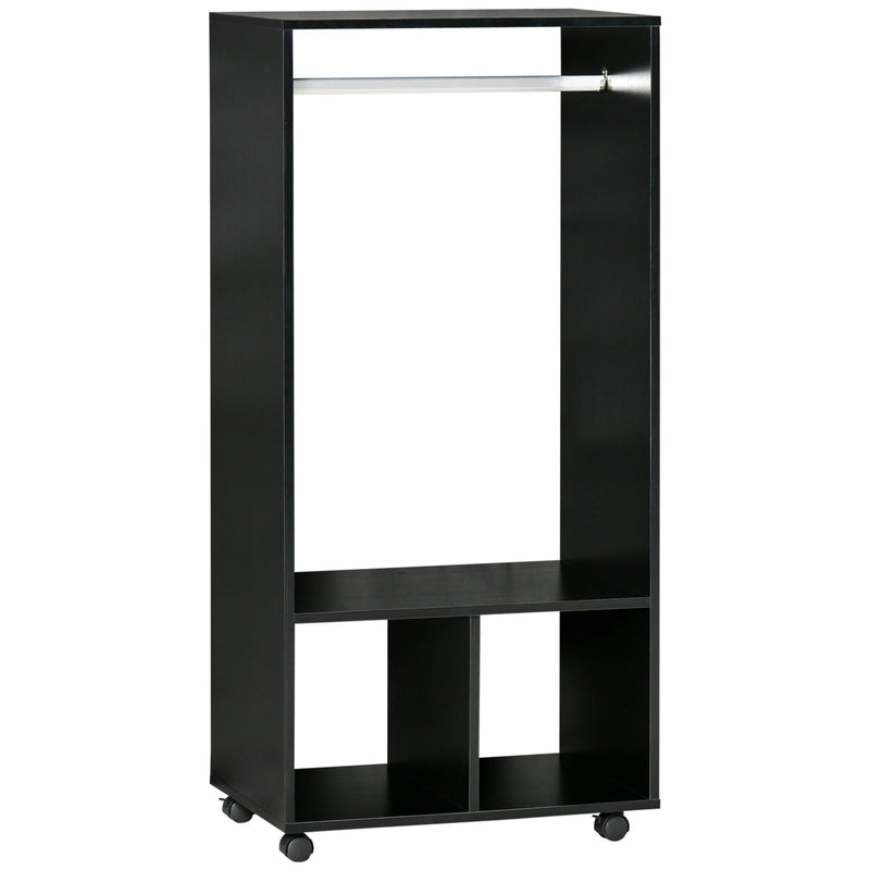 Open Wardrobe with Hanging Rod and Storage Shelves Mobile Garment Rack on Wheels Bedroom, Cloakroom, Black Clothing Organizer