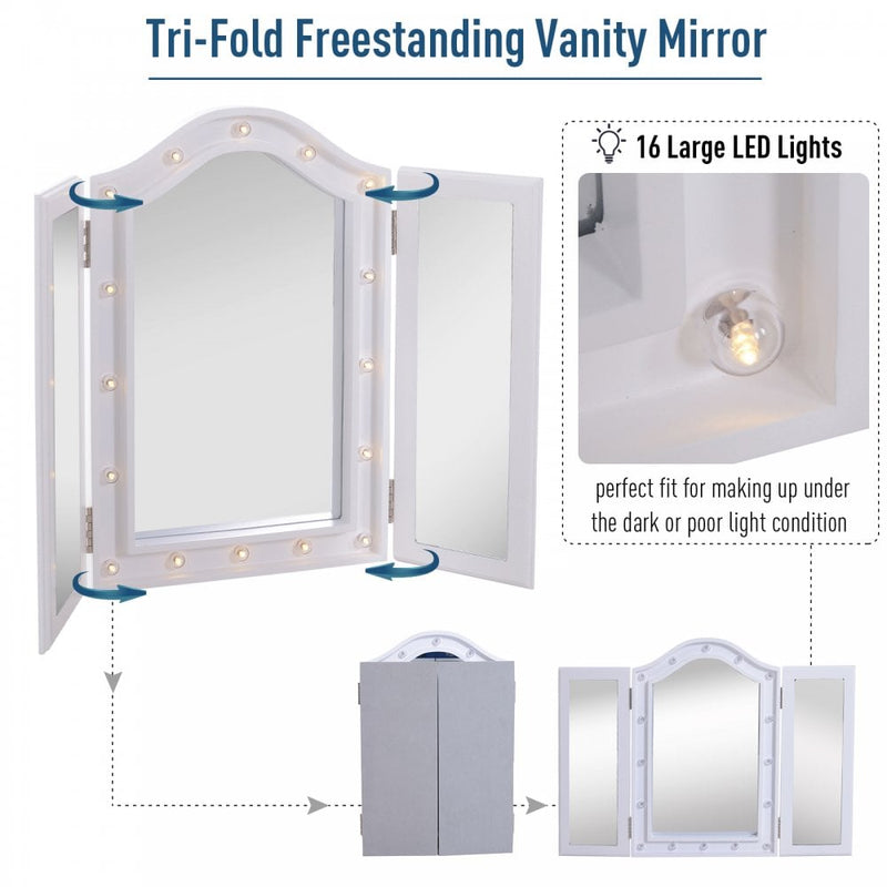 HOMCOM MDF Tri-Fold LED Vanity Mirror w/ 16 Spotlights White