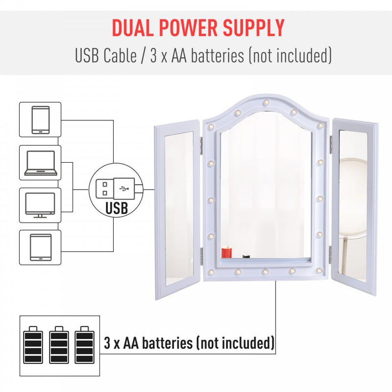 HOMCOM MDF Tri-Fold LED Vanity Mirror w/ 16 Spotlights White