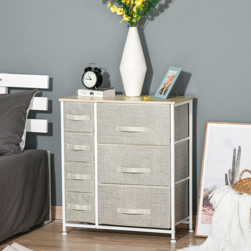 Vertical 7 Linen Drawers Cabinet with Metal Frame Adjustable Feet for Living Room, Bathroom, Kitchen - White, Oak and Light Grey