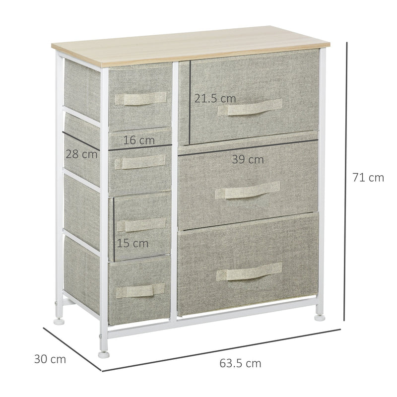 Vertical 7 Linen Drawers Cabinet with Metal Frame Adjustable Feet for Living Room, Bathroom, Kitchen - White, Oak and Light Grey