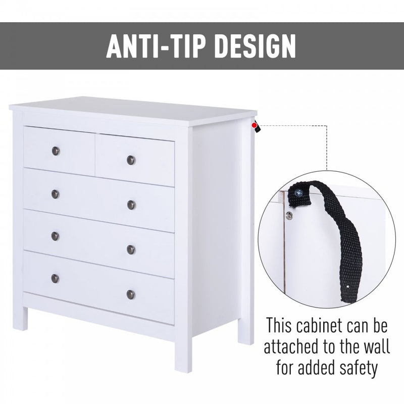 Bedroom Home 5 Chest Of Drawers w/ Feet & Handles 80x79cm White