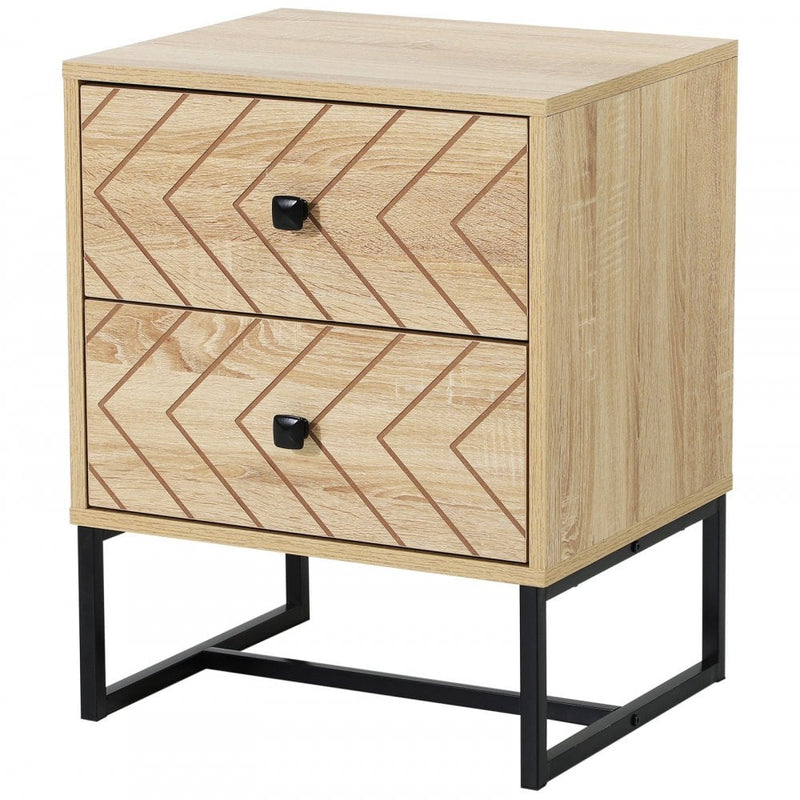 Bedside Table 2 Drawer Unit  Zig Zag Design w/ Black Metal Handles Melamine Finish
