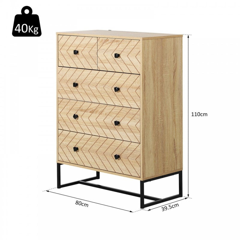 HOMCOM Chest Of 5 Drawers Storage Unit Zig Zag Design w/ Black Metal Handles