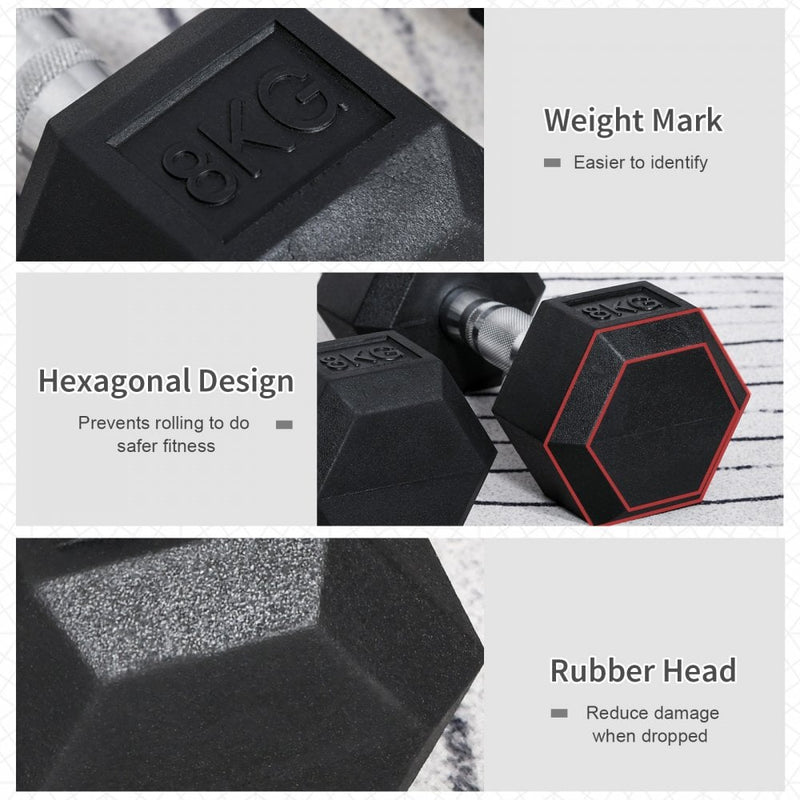 Rubber Dumbbell Sports Hex Weights Sets Home Gym Fitness Hexagonal Dumbbells Kit Weight Lifting Exercise (2 x 8kg) 2x8kg Ergo Workout Pair