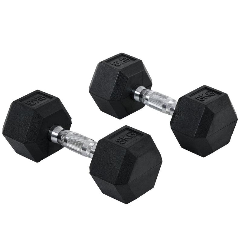 Rubber Dumbbell Sports Hex Weights Sets Home Gym Fitness Hexagonal Dumbbells Kit Weight Lifting Exercise (2 x 8kg) 2x8kg Ergo Workout Pair