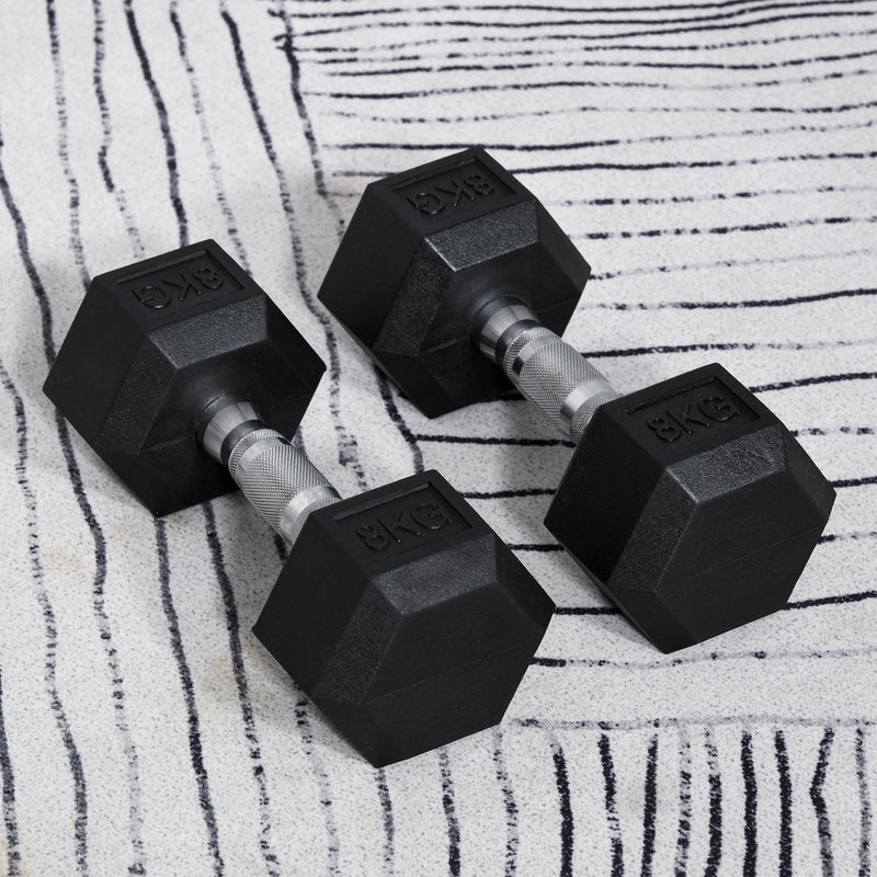 Rubber Dumbbell Sports Hex Weights Sets Home Gym Fitness Hexagonal Dumbbells Kit Weight Lifting Exercise (2 x 8kg) 2x8kg Ergo Workout Pair