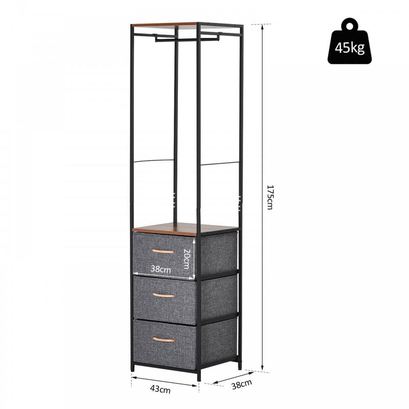 HOMCOM Coat Rack with 3 Drawers Storage Rack with Steel Frame for Bedroom Hallway Home Furniture Grey