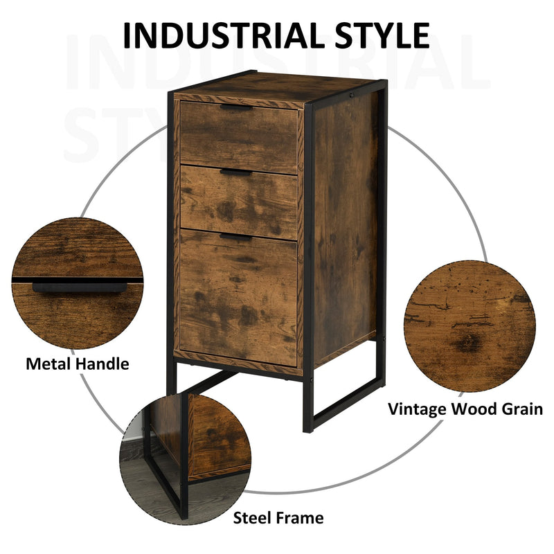 Industrial 3-Drawer Storage Chest Cabinet Organizer Metal Frame Freestanding Unit, Perfect for Bedroom Living Room, Brown Sideboard