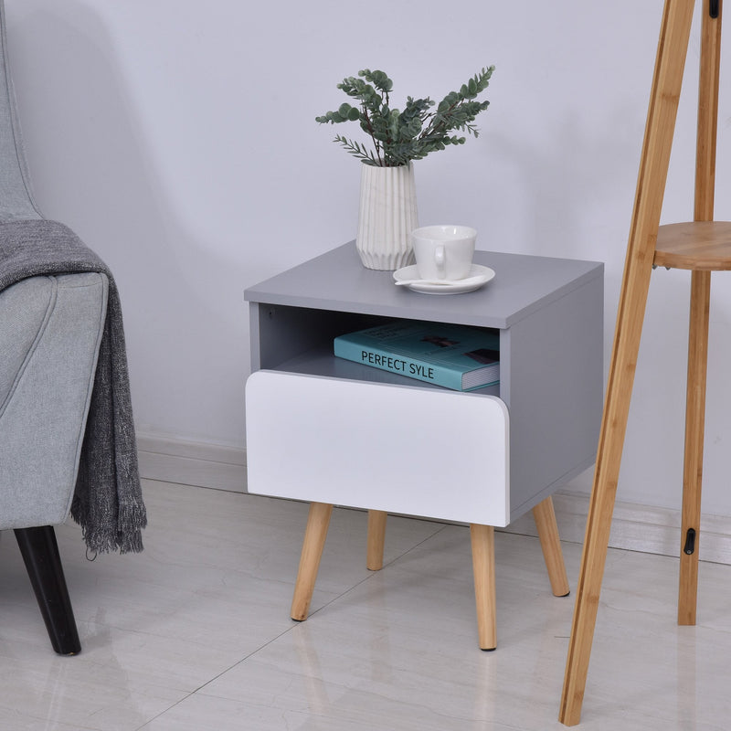 Wooden Bedside Cabinet Accent Table with 1 Drawer Open Shelf End Table Night Stand with Legs, Home Furniture w/1 Side Storage Chest