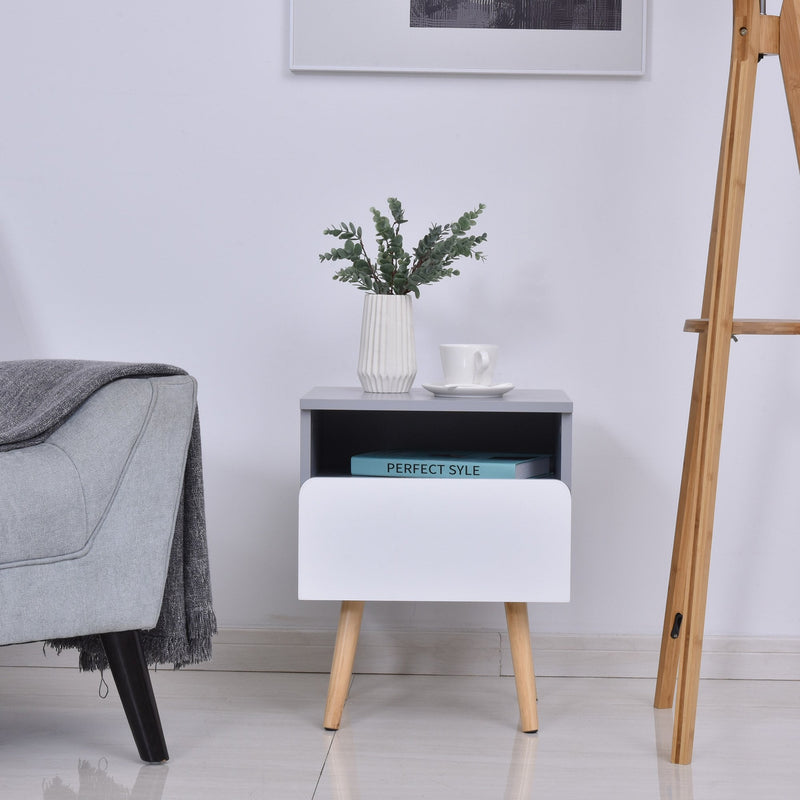 Wooden Bedside Cabinet Accent Table with 1 Drawer Open Shelf End Table Night Stand with Legs, Home Furniture w/1 Side Storage Chest