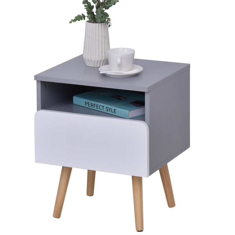 Wooden Bedside Cabinet Accent Table with 1 Drawer Open Shelf End Table Night Stand with Legs, Home Furniture w/1 Side Storage Chest