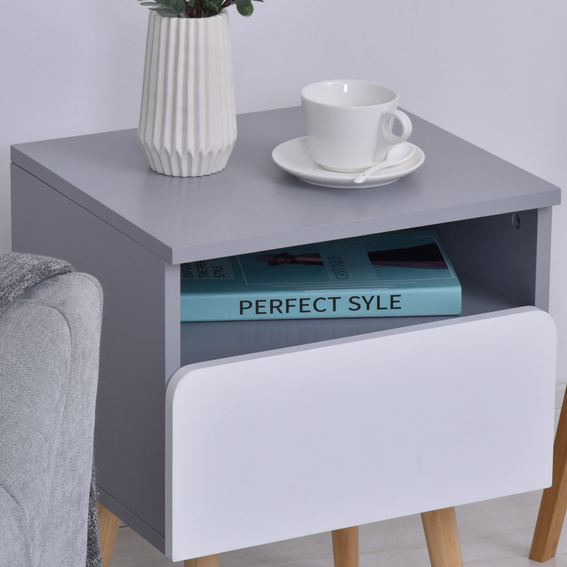 Wooden Bedside Cabinet Accent Table with 1 Drawer Open Shelf End Table Night Stand with Legs, Home Furniture w/1 Side Storage Chest