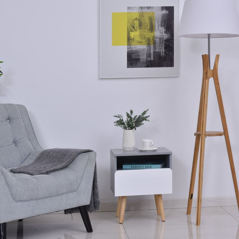 Wooden Bedside Cabinet Accent Table with 1 Drawer Open Shelf End Table Night Stand with Legs, Home Furniture w/1 Side Storage Chest