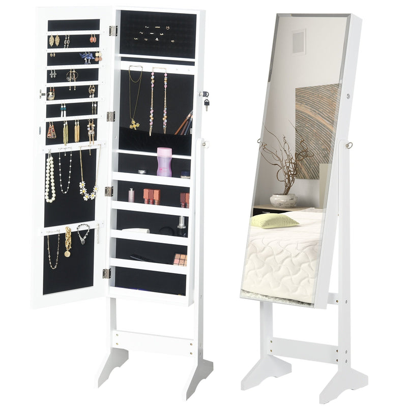 OMCOM Jewelry Cabinet Standing Mirror Full Length Makeup Lockable Armoire Storage Organizer White