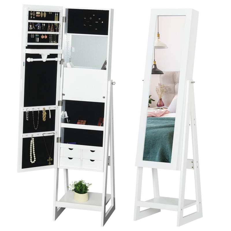 MDF Freestanding Glass Mirror Jewellery Cabinet w/ Storage Shelves White