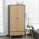 Modern Wardrobe Cabinet Wood Grain Sticker Surface With Shelf, Hanging Rod And 2 Drawers 90x50x190cm-Grey/Oak