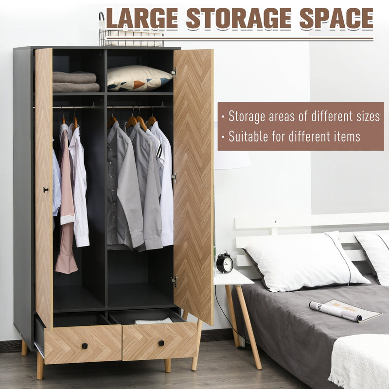 Modern Wardrobe Cabinet Wood Grain Sticker Surface With Shelf, Hanging Rod And 2 Drawers 90x50x190cm-Grey/Oak
