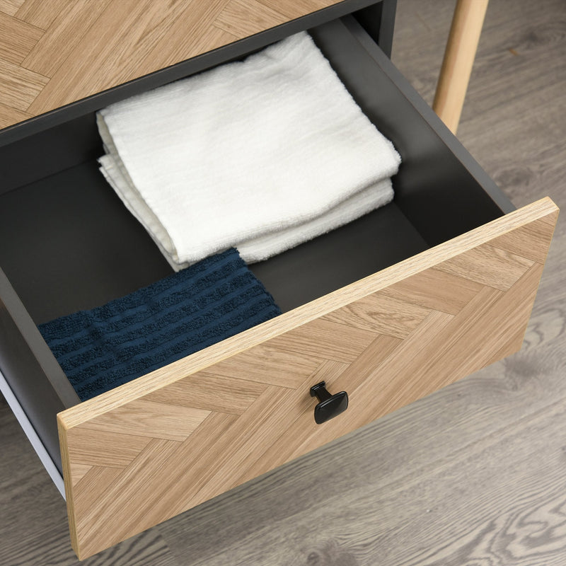 Modern Wardrobe Cabinet Wood Grain Sticker Surface With Shelf, Hanging Rod And 2 Drawers 90x50x190cm-Grey/Oak
