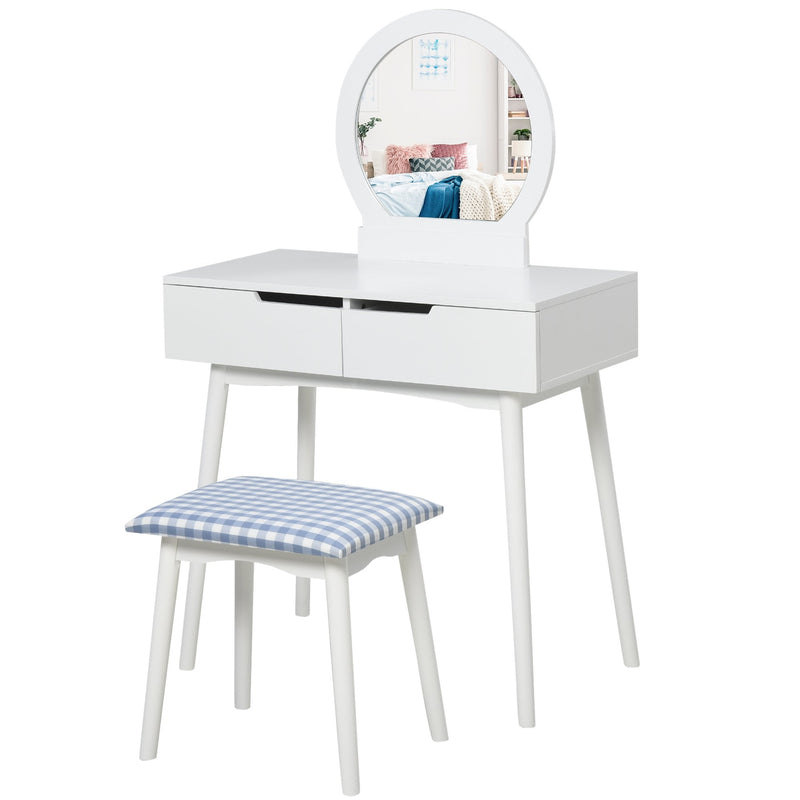 2 Piece Modern Vanity Table Set, Makeup Table with Padded Stool, 2 Large Drawers, Round Mirror, White Make Up Mirror