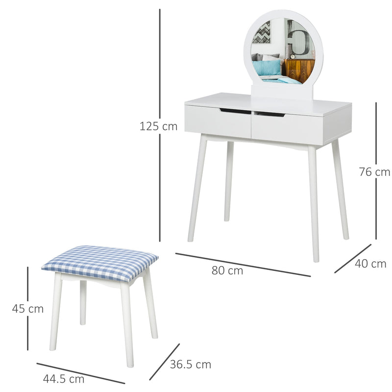 2 Piece Modern Vanity Table Set, Makeup Table with Padded Stool, 2 Large Drawers, Round Mirror, White Make Up Mirror