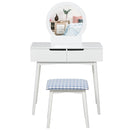 2 Piece Modern Vanity Table Set, Makeup Table with Padded Stool, 2 Large Drawers, Round Mirror, White Make Up Mirror