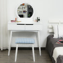 2 Piece Modern Vanity Table Set, Makeup Table with Padded Stool, 2 Large Drawers, Round Mirror, White Make Up Mirror