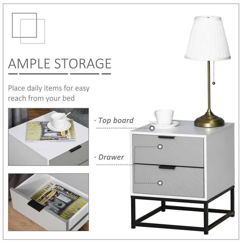 Bedside Cabinet with 2 Drawer Storage Unit, Unique Shape Bedroom Table Nightstand with Metal Base, for Living Room, Study Room, Dorm Unit and Base Home Office