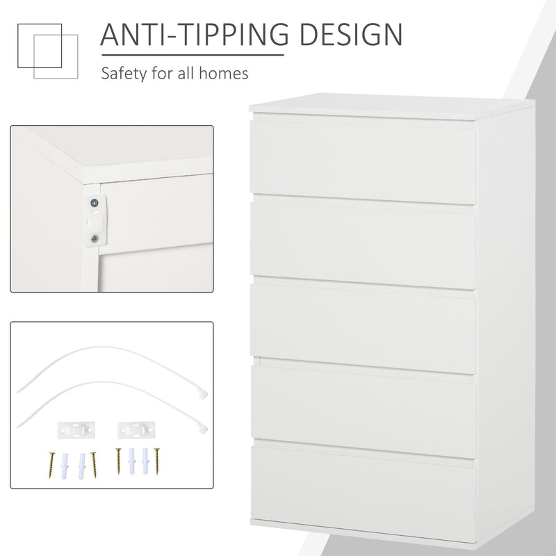 HOMCOM Chest of Drawers, 5 Drawers Storage Cabinet Floor Tower Cupboard for Bedroom Living Room, White