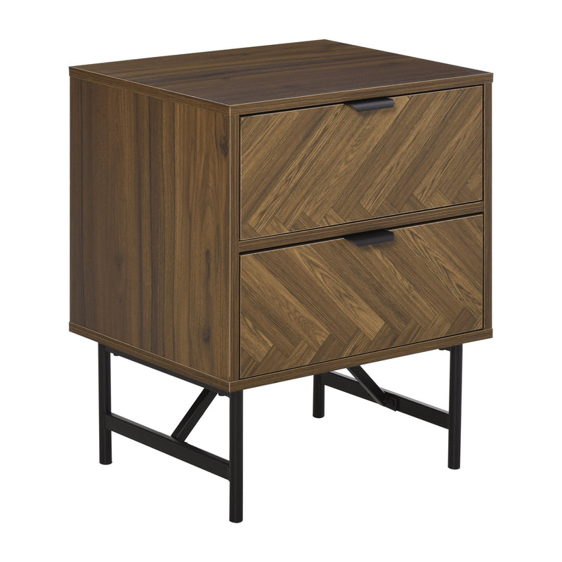 Side Cabinet Home Organizer With 2 Storage Drawer Unit, Hidden Handle For Bedroom, Living Room, Herringbone Pattern, Walnut Brown Drawer, Handle