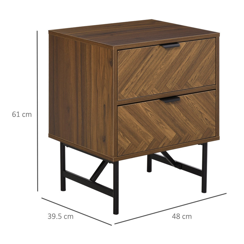 Side Cabinet Home Organizer With 2 Storage Drawer Unit, Hidden Handle For Bedroom, Living Room, Herringbone Pattern, Walnut Brown Drawer, Handle