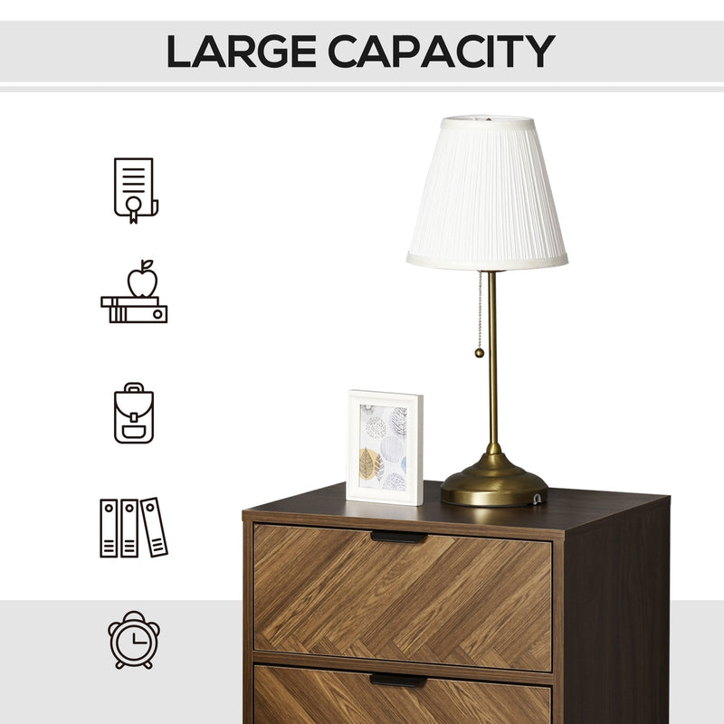 Side Cabinet Home Organizer With 2 Storage Drawer Unit, Hidden Handle For Bedroom, Living Room, Herringbone Pattern, Walnut Brown Drawer, Handle