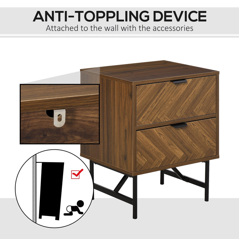Side Cabinet Home Organizer With 2 Storage Drawer Unit, Hidden Handle For Bedroom, Living Room, Herringbone Pattern, Walnut Brown Drawer, Handle