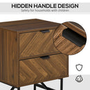 Side Cabinet Home Organizer With 2 Storage Drawer Unit, Hidden Handle For Bedroom, Living Room, Herringbone Pattern, Walnut Brown Drawer, Handle
