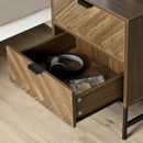 Side Cabinet Home Organizer With 2 Storage Drawer Unit, Hidden Handle For Bedroom, Living Room, Herringbone Pattern, Walnut Brown Drawer, Handle