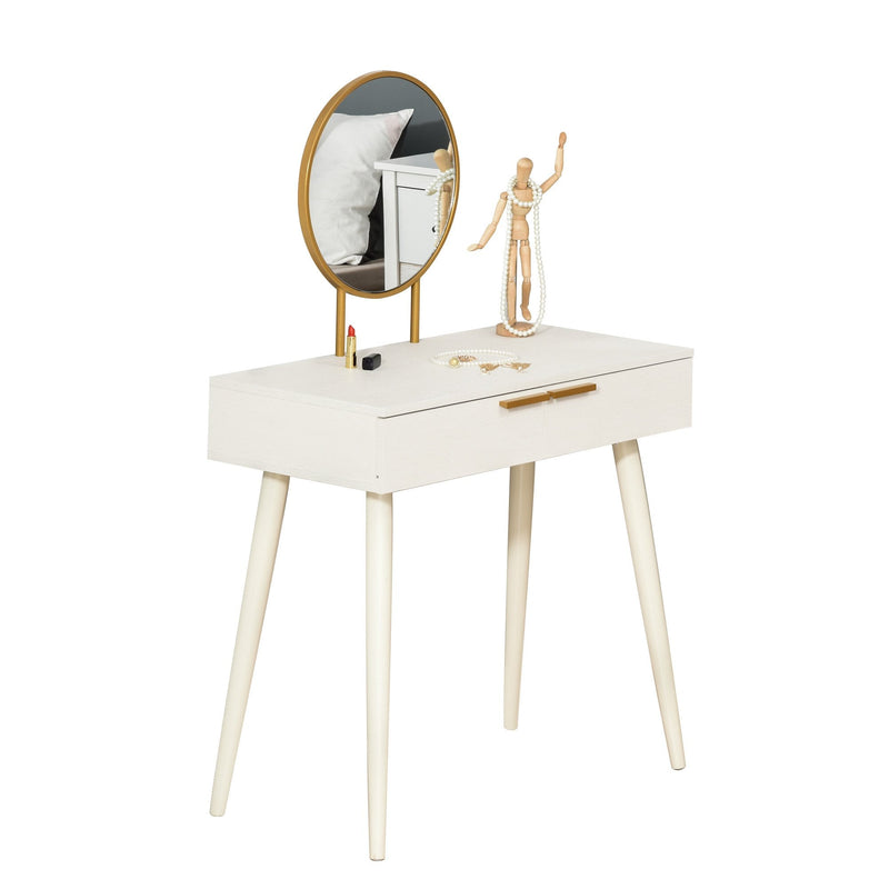 Modern Dressing Table with Round Mirror, Makeup Vanity Table with 2 Drawers for Bedroom, Living Room, White Desk w/ Mirror Bedroom