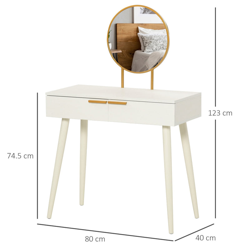 Modern Dressing Table with Round Mirror, Makeup Vanity Table with 2 Drawers for Bedroom, Living Room, White Desk w/ Mirror Bedroom