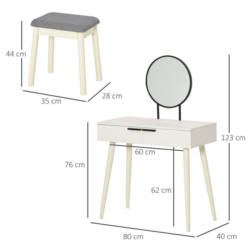Dressing Table Vanity Set Makeup Desk with Round Mirror Cushioned Stool 2 Drawers for Bedroom Jewelry Storage Set, White Make Up &