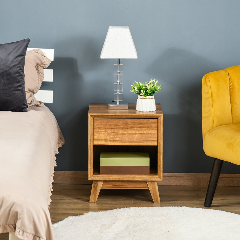 Modern Bedside Table Nightstand, Living Room End Table, Side Table with Drawer and Shelf, Walnut Brown Storage Organizer Bedroom