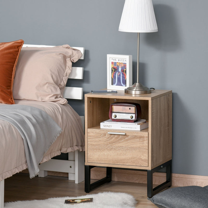 Bedside Table with Drawer and Shelf, Living Room End Table with Steel Frame, Nightstand for Bedroom & Nightstand, Side