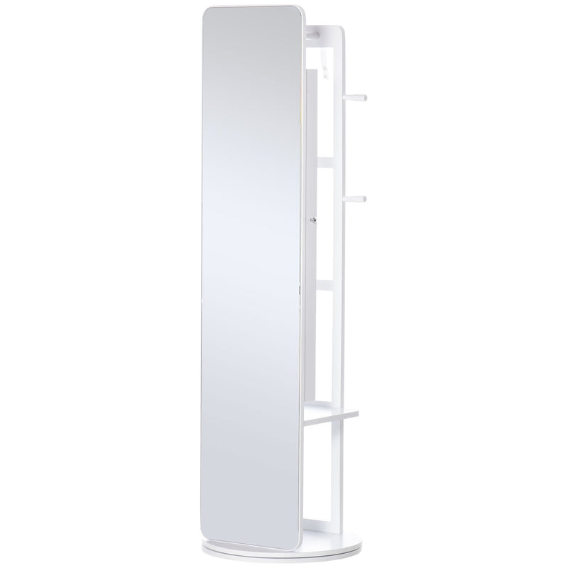 Full Length Mirror with Jewelry Cabinet, Hanging Cloth Bar, Coat Rack, 360-¦ Rotate Floor Mirror for Bedroom, Living Room, White Armoire