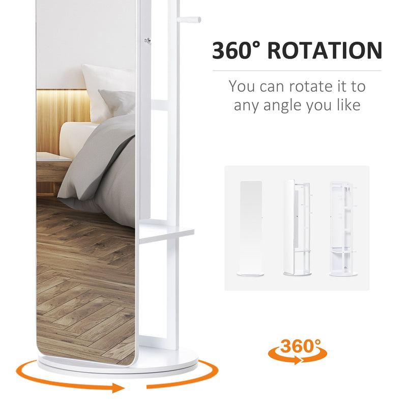 Full Length Mirror with Jewelry Cabinet, Hanging Cloth Bar, Coat Rack, 360-¦ Rotate Floor Mirror for Bedroom, Living Room, White Armoire