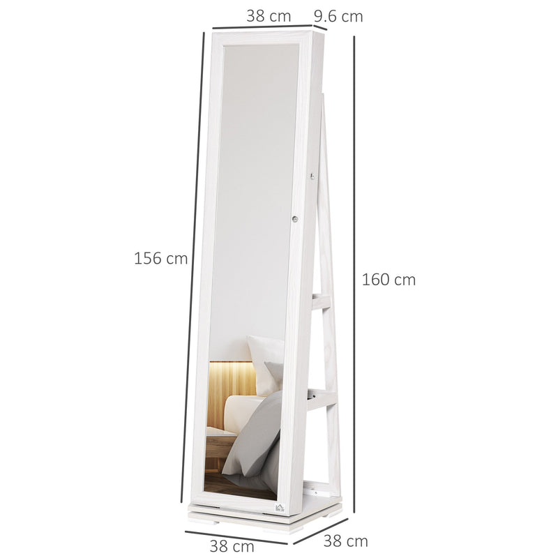 360 Swivel Jewellery Cabinet, Mirror Armoire, Full Length Mirror, Lockable Jewellery Organizer with Built-In Small Mirror, White Jewelry Jewelry