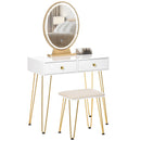 Makeup Vanity Table Set With Round Mirror, 3 Color LED Light, Dressing Desk With 2 Drawers And Cushioned Stool For Bedroom, White & Gold