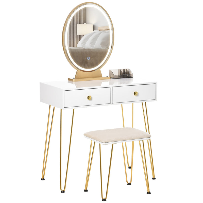 Makeup Vanity Table Set with Round Mirror, 3 Color LED Light, Dressing Desk with 2 Drawers and Cushioned Stool for Bedroom, White With Mirror &