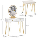 Makeup Vanity Table Set With Round Mirror, 3 Color LED Light, Dressing Desk With 2 Drawers And Cushioned Stool For Bedroom, White & Gold