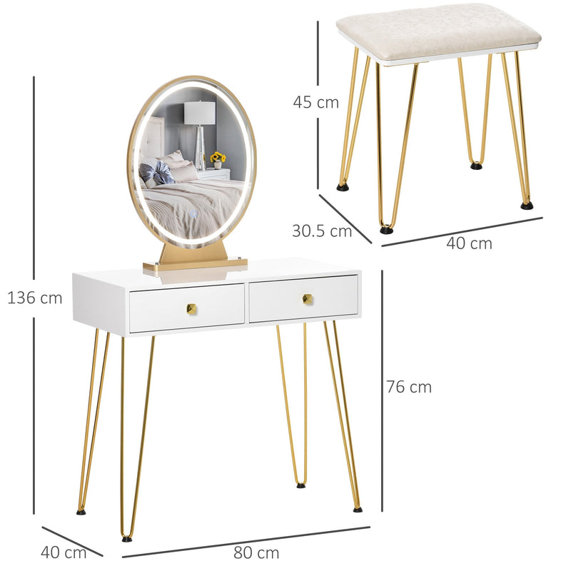 Makeup Vanity Table Set with Round Mirror, 3 Color LED Light, Dressing Desk with 2 Drawers and Cushioned Stool for Bedroom, White With Mirror &