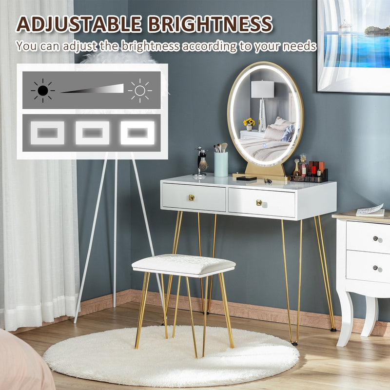 Makeup Vanity Table Set with Round Mirror, 3 Color LED Light, Dressing Desk with 2 Drawers and Cushioned Stool for Bedroom, White With Mirror &